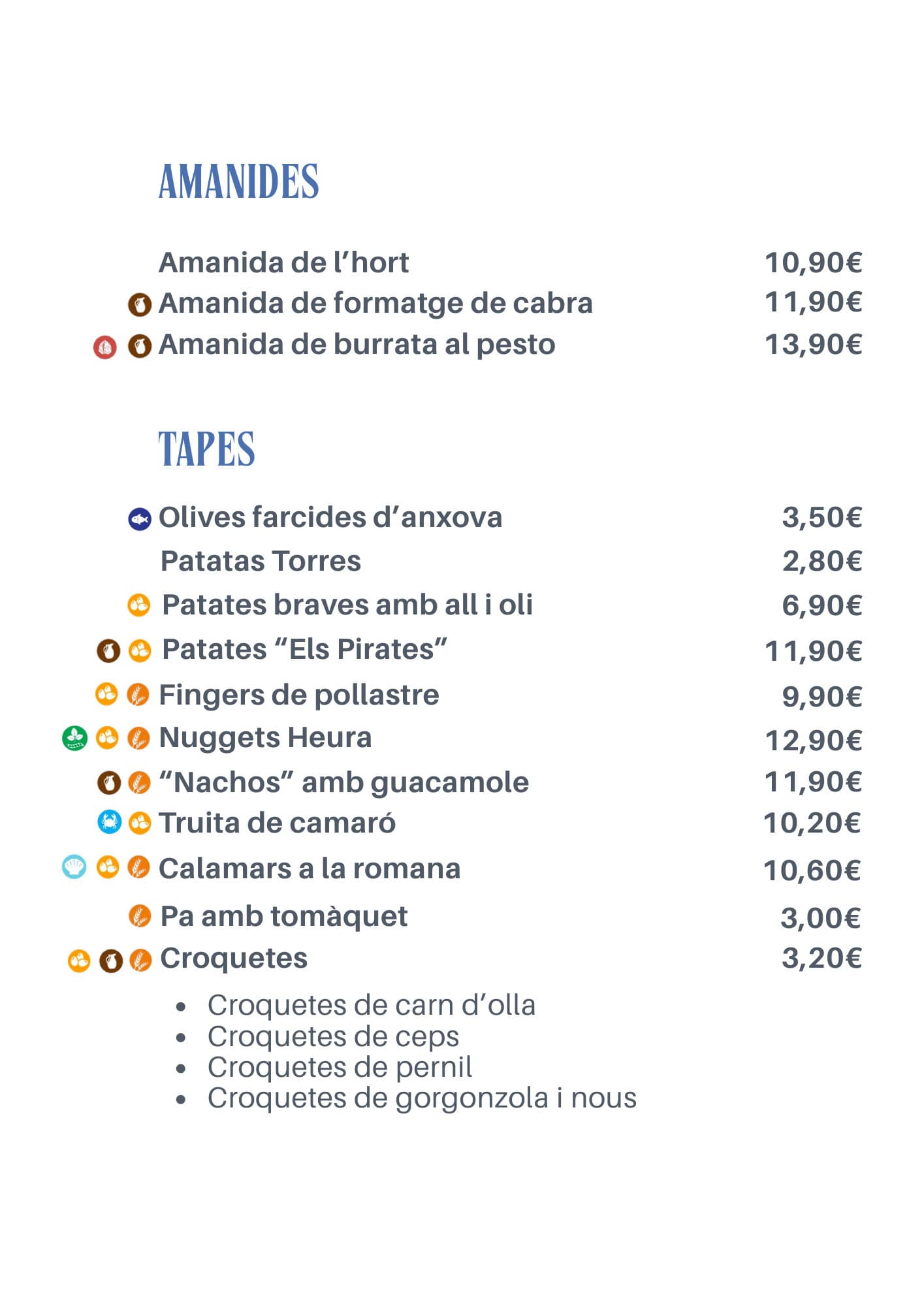 Carta de Els Pirates 2026, página 1: ensaladas, tapas y croquetas