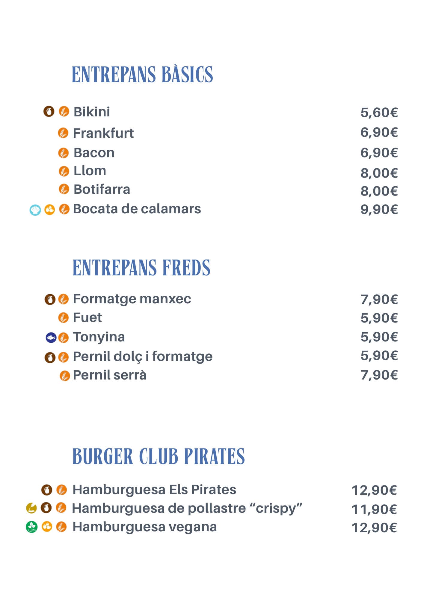 Carta de Els Pirates 2026, página 2: bocadillos y hamburguesas