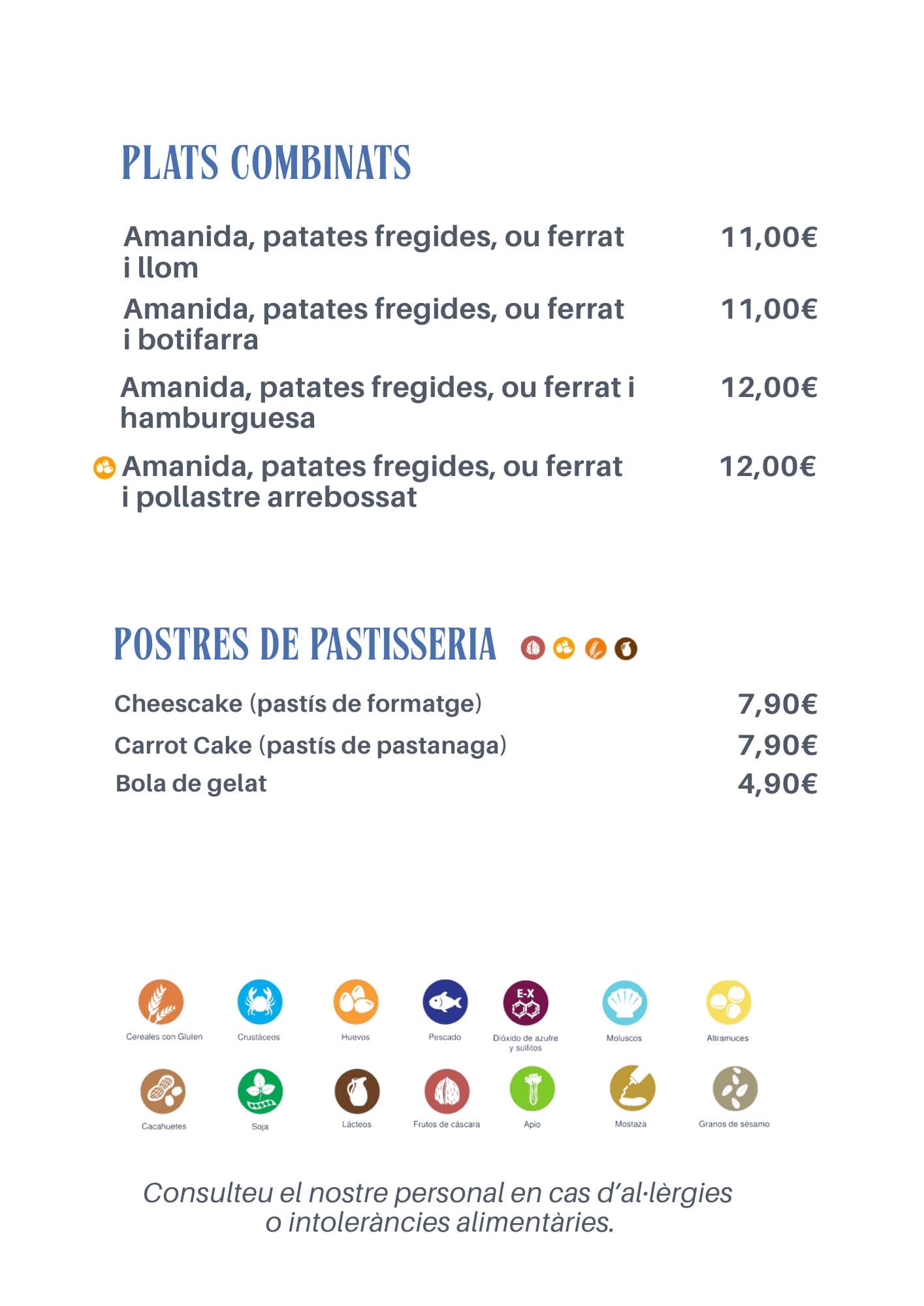 Carta de Els Pirates 2026, página 3: platos combinados, postres y alérgenos
