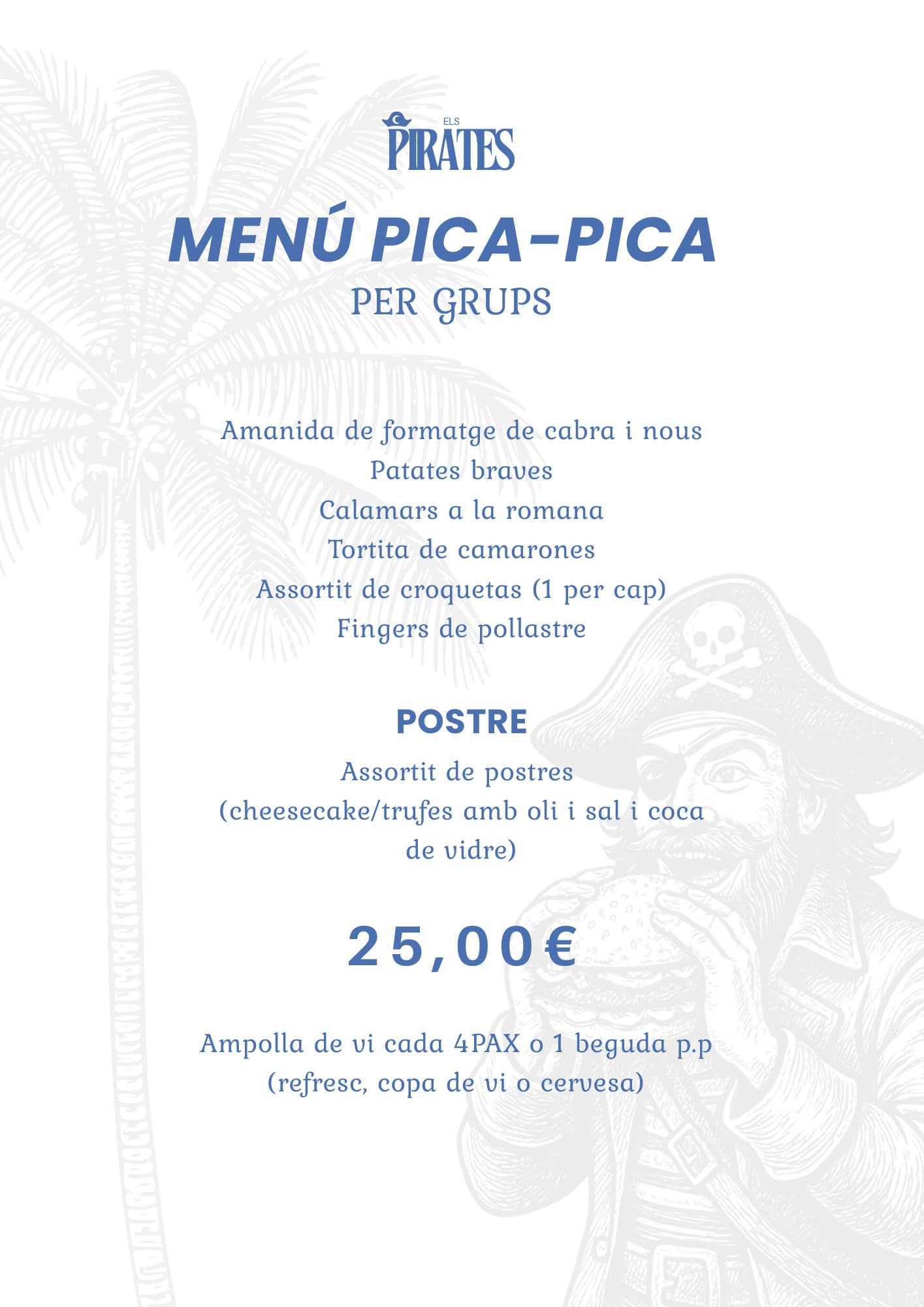 Menú de grupos de Els Pirates 2026, página 1: menú pica-pica: entrantes para compartir y postre