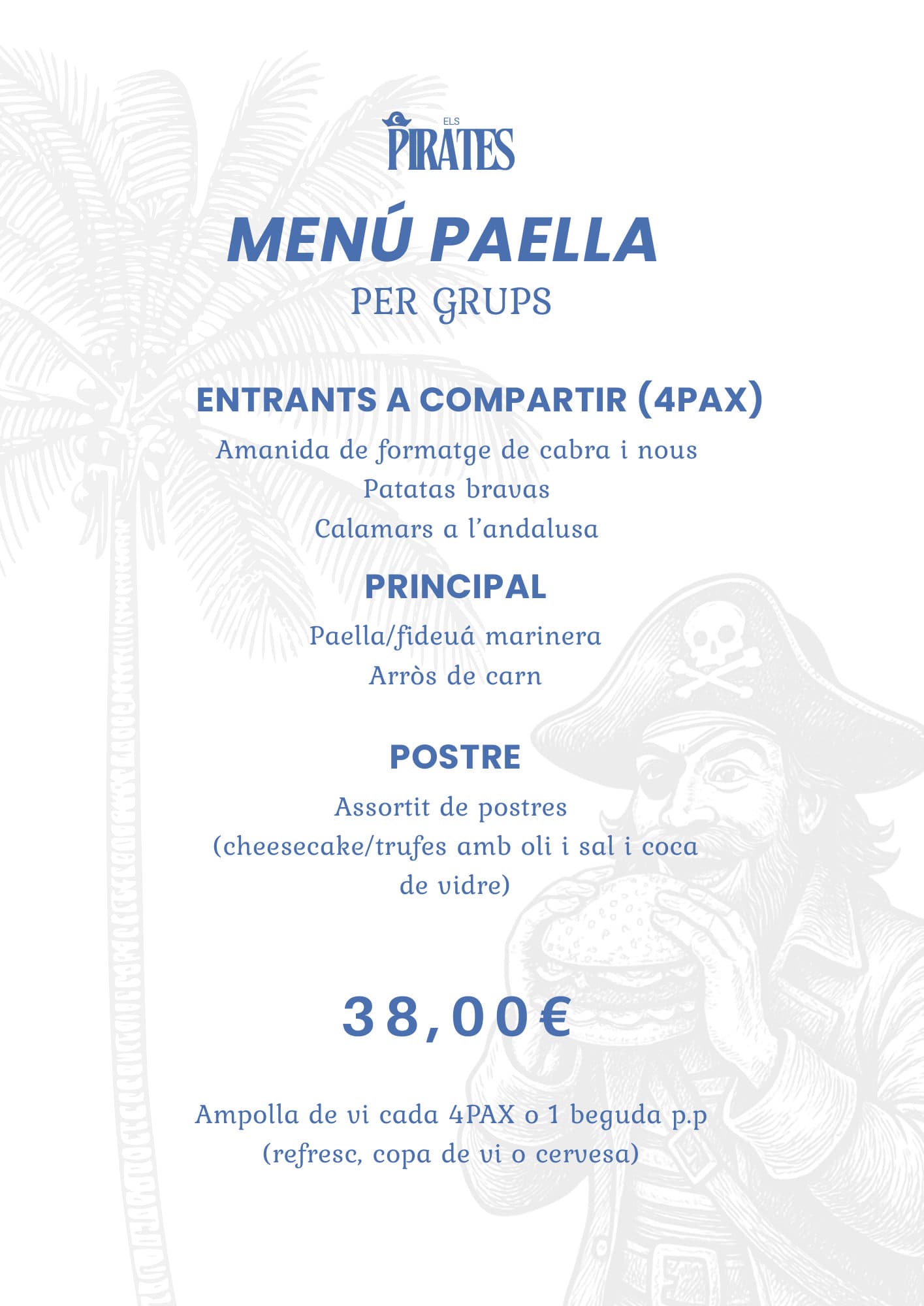 Menú de grupos de Els Pirates 2026, página 2: menú paella: entrantes para compartir, paella o arroz y postre