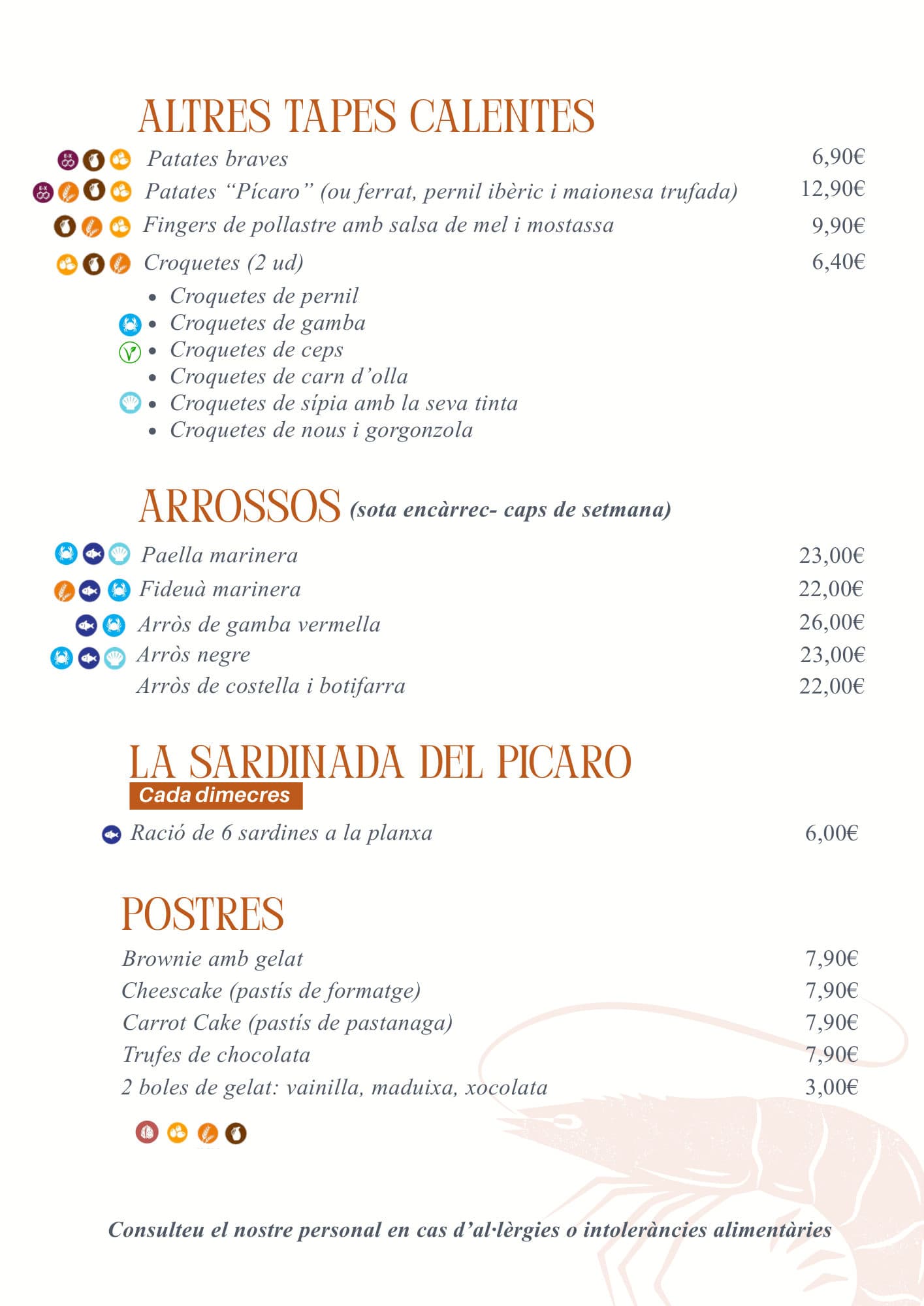Carta de Pícaro 2026, página 3: tapas calientes, croquetas, arroces, la sardinada de los miércoles y postres