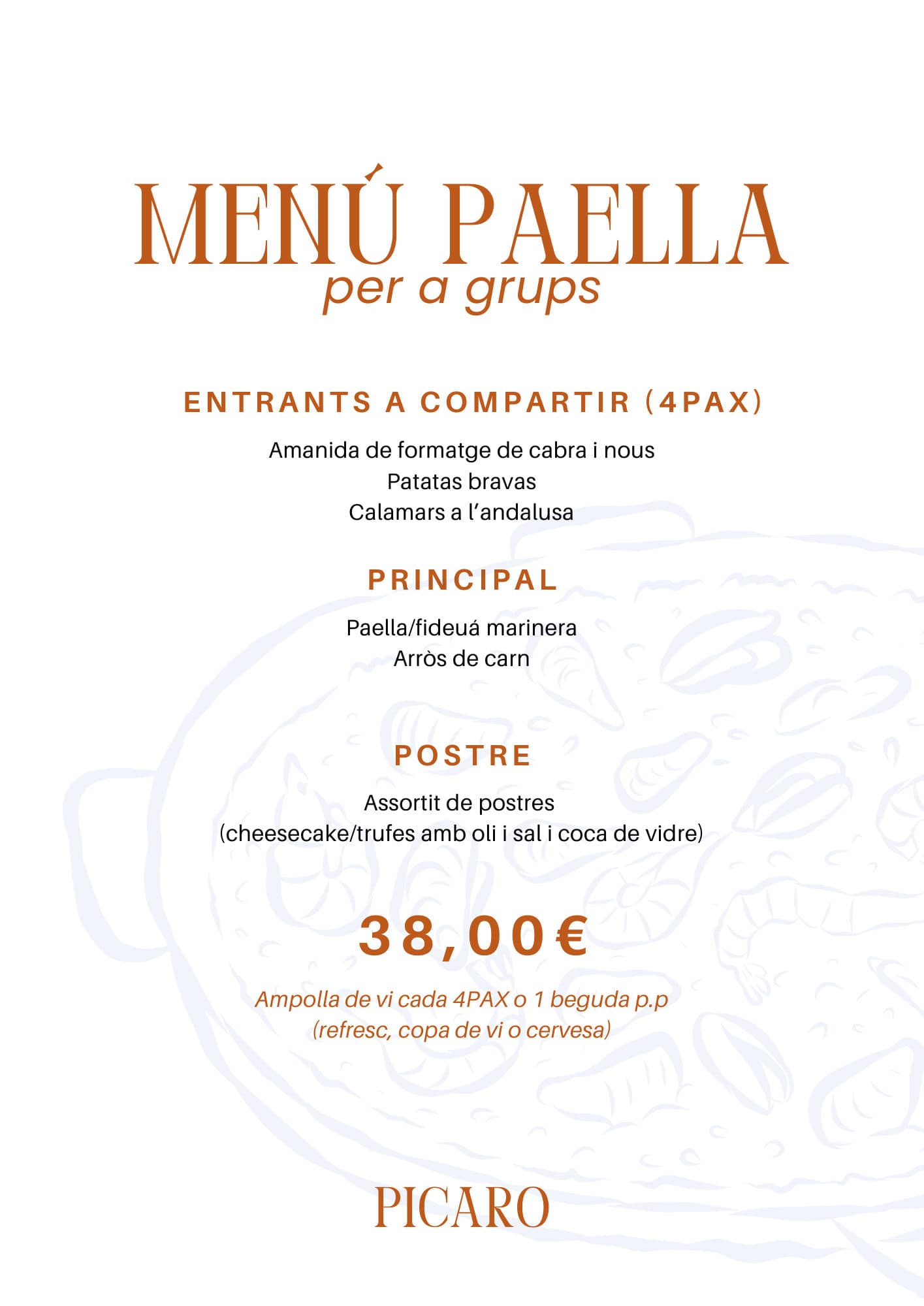 Menú de grupos de Pícaro 2026, página 1: menú paella: entrantes para compartir, paella o arroz y postre