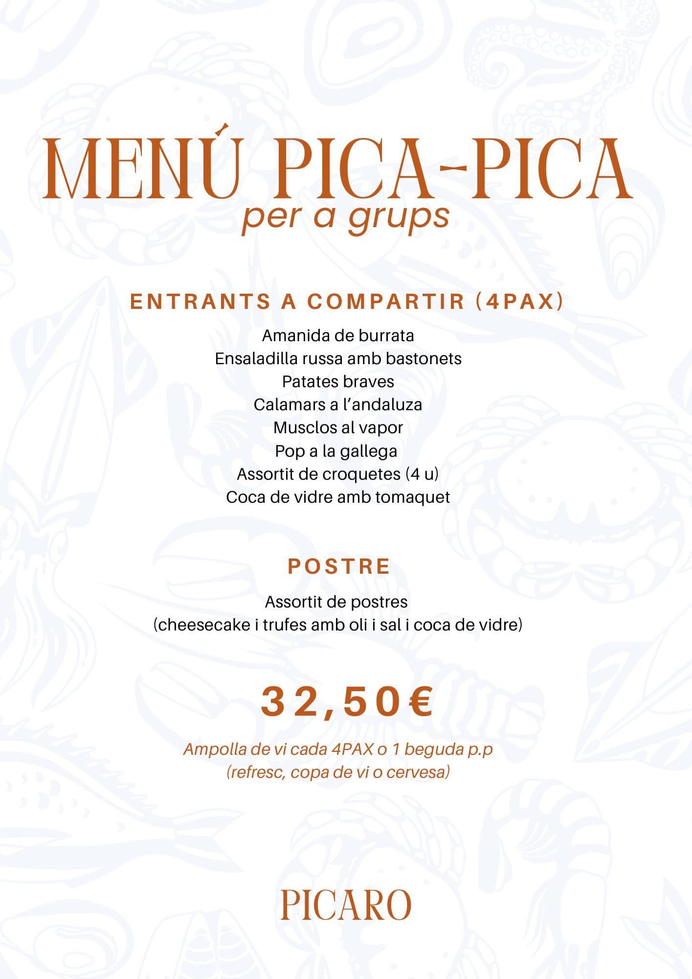 Menú de grupos de Pícaro 2026, página 2: menú pica-pica: entrantes para compartir y postre